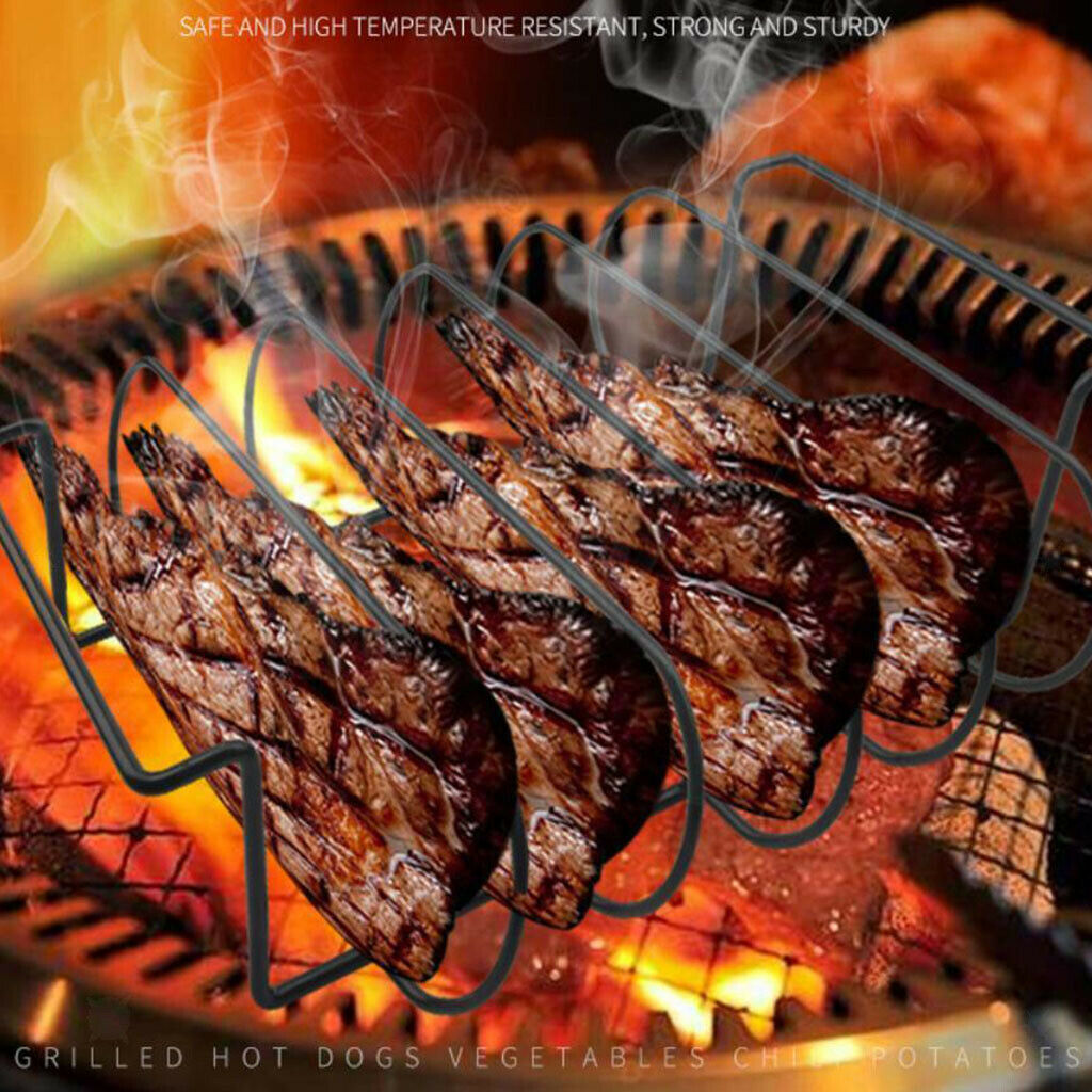 Iron Non-Stick Rib Shelf Holds 4 Ribs for Grilling Barbecuing Chicken Beef