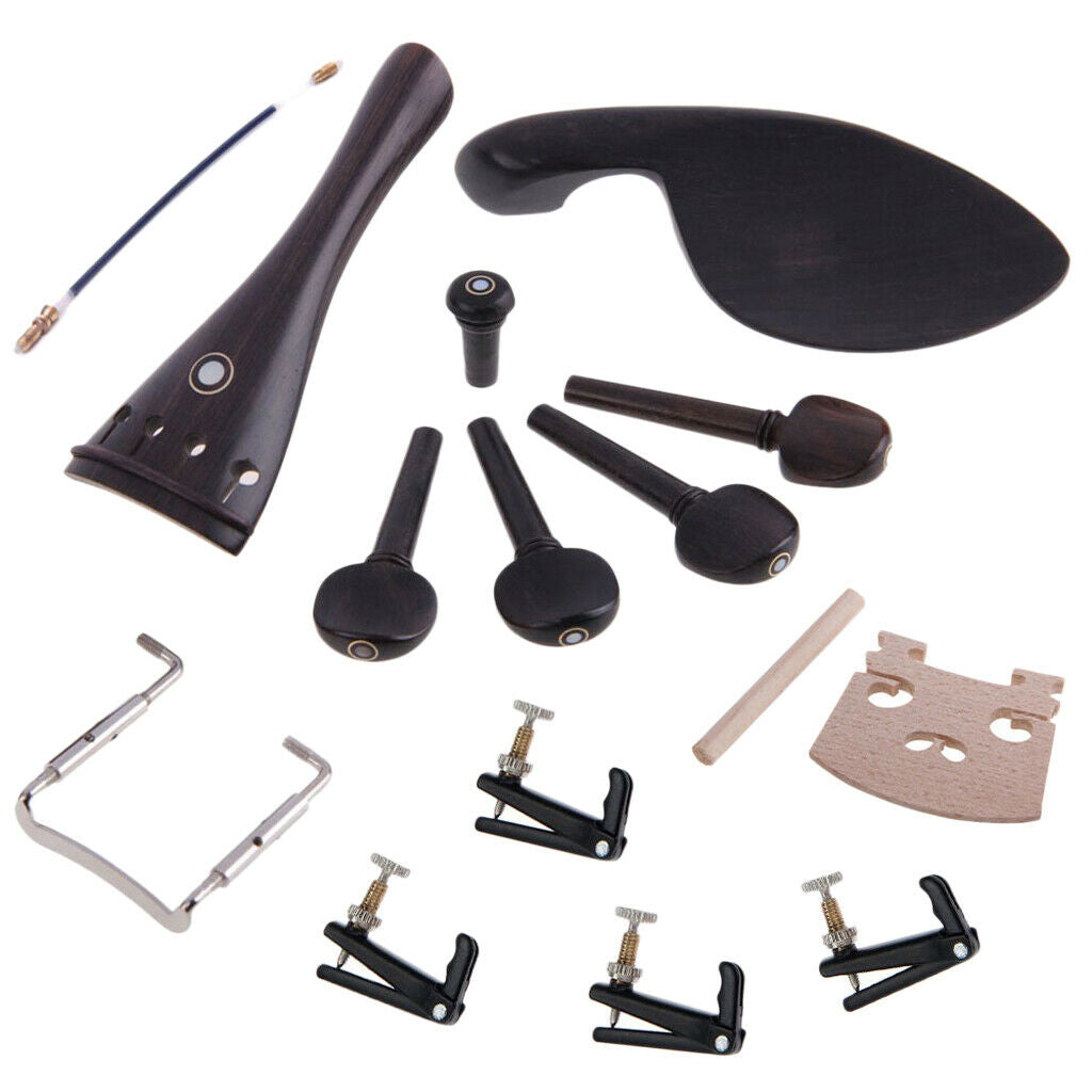 Set Ebony Wood 4/4 Violin Bridge Chinrest Endpin Tuners Peg Tail Tailpiece