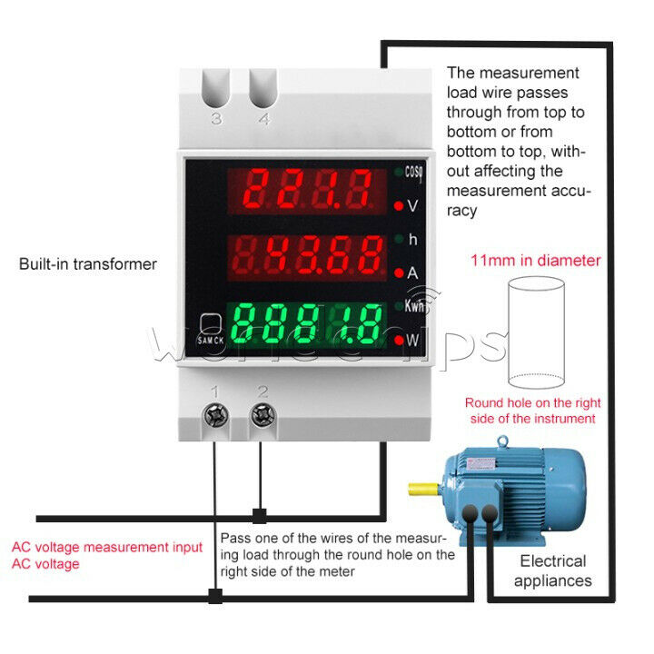 D52-2047 DIN Rail Type Digital  AC Voltmeter Ammeter Power Meter AC 80-300V 100A