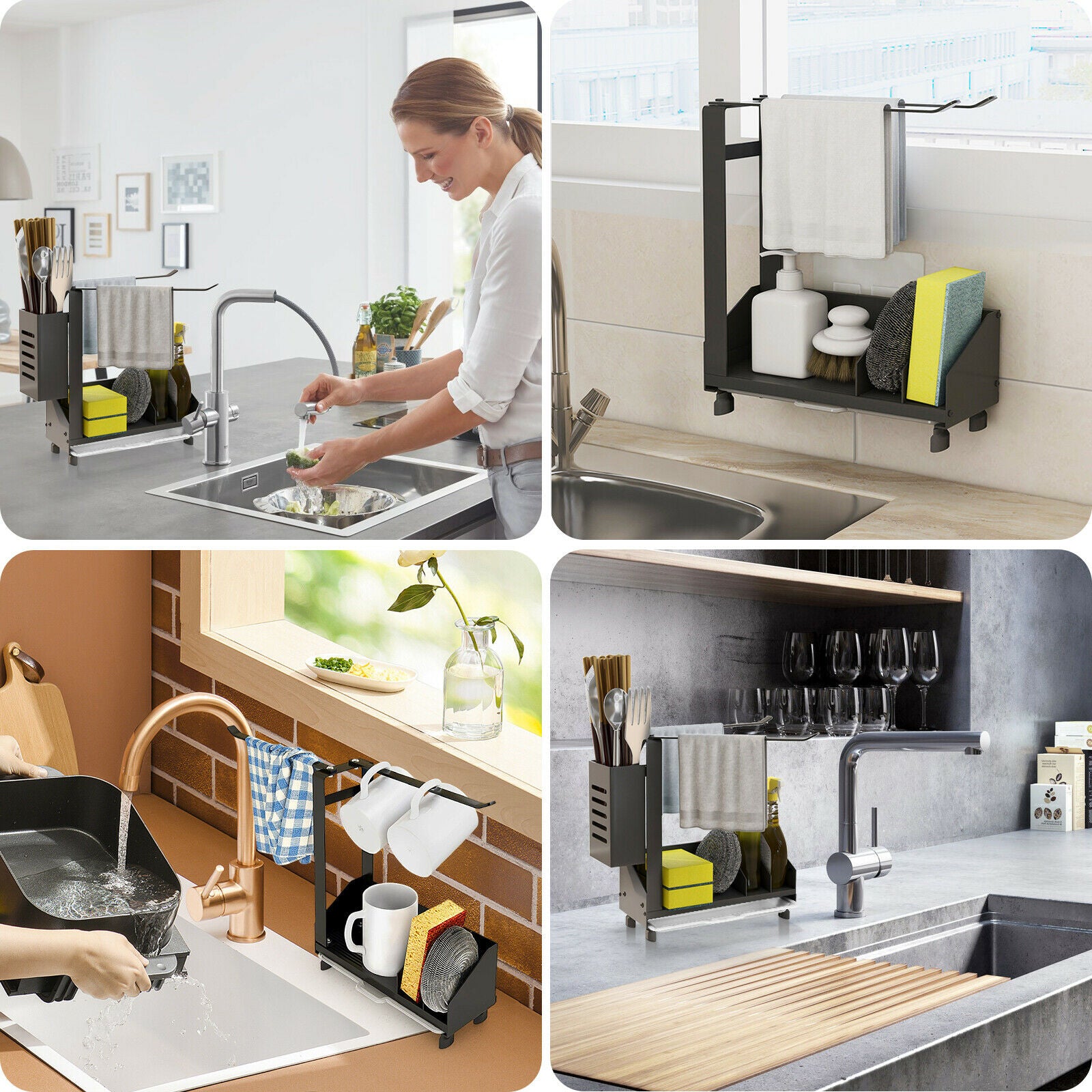 Sink Caddy Organizer Storage Sponge Soap Brush Holder with Drain Pan