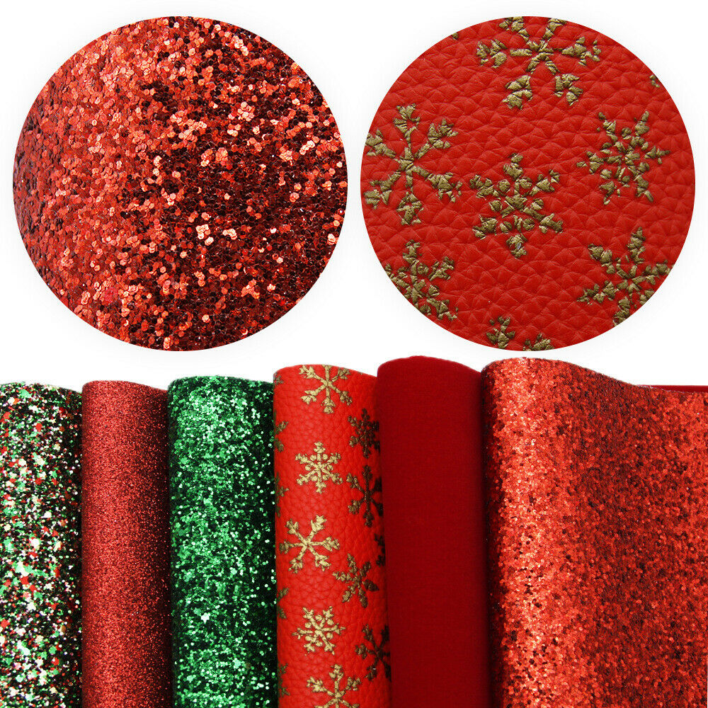 6pcs Christmas Snowflake Faux Leather Fabric Glitter Hair Bow DIY Bag Sewing