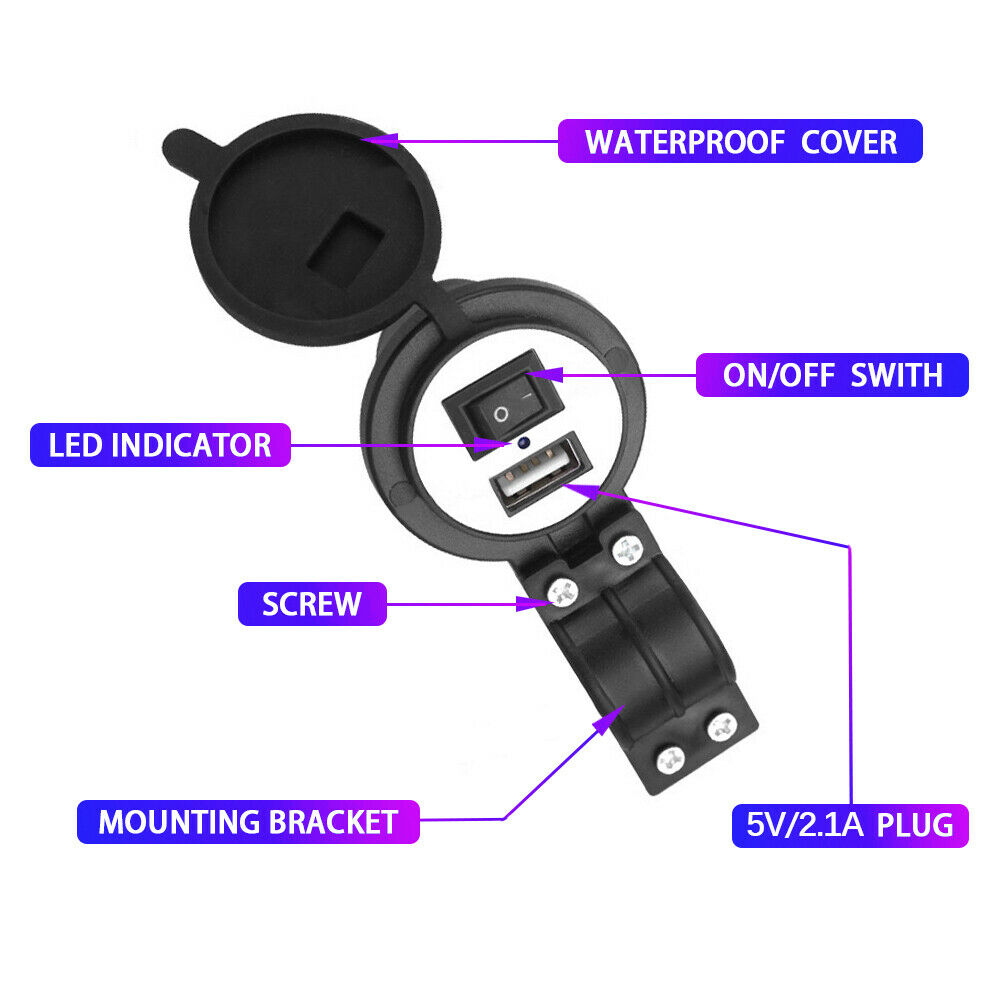 12V 2.1A USB Car Motorcycle Charger w/ Switch Socket Plug Adapter Waterproof NEW