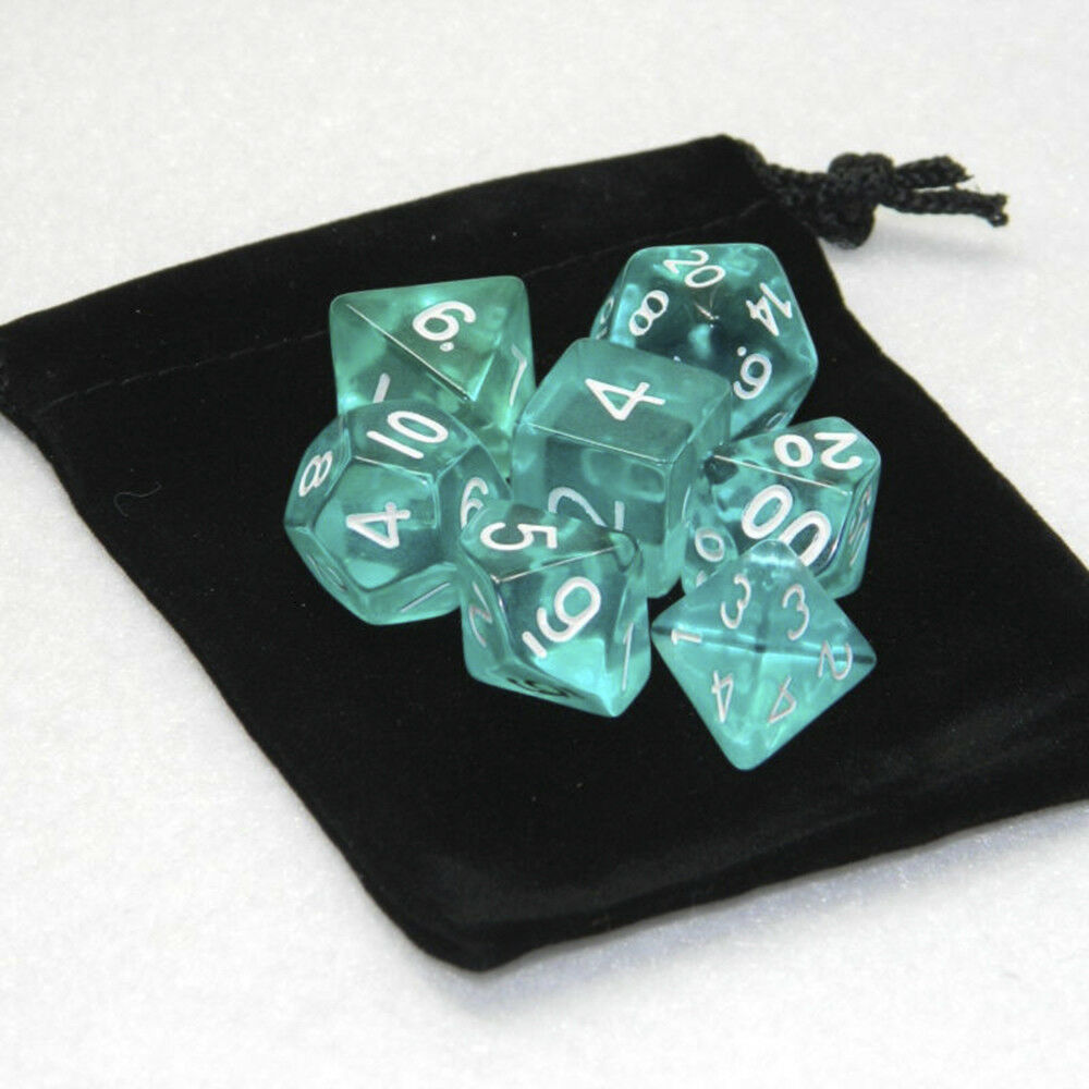 Lots of 7 Piece Polyhedral Set Cloud Drop Translucent Teal RPG DnD With Dice Bag