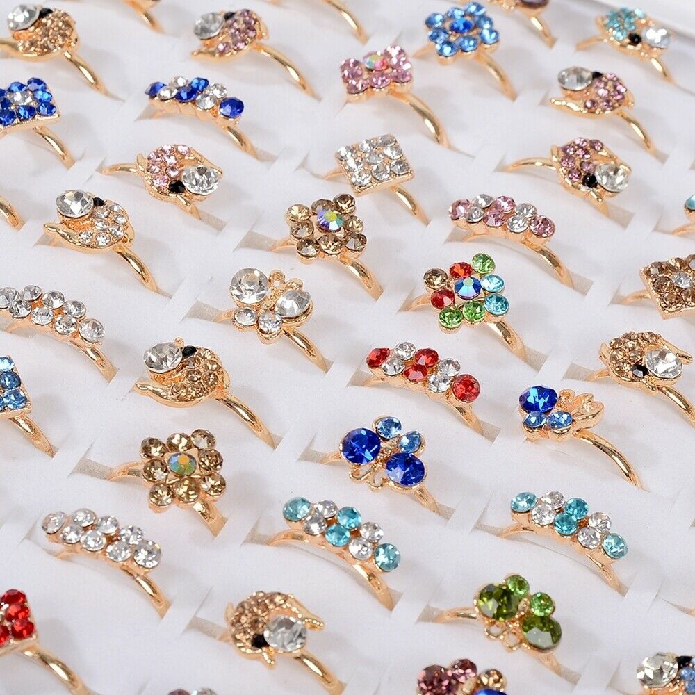 50pcs/Lot Wholesale Mixed Rings Crystal Rhinestone Flower Butterfly Finger Ring