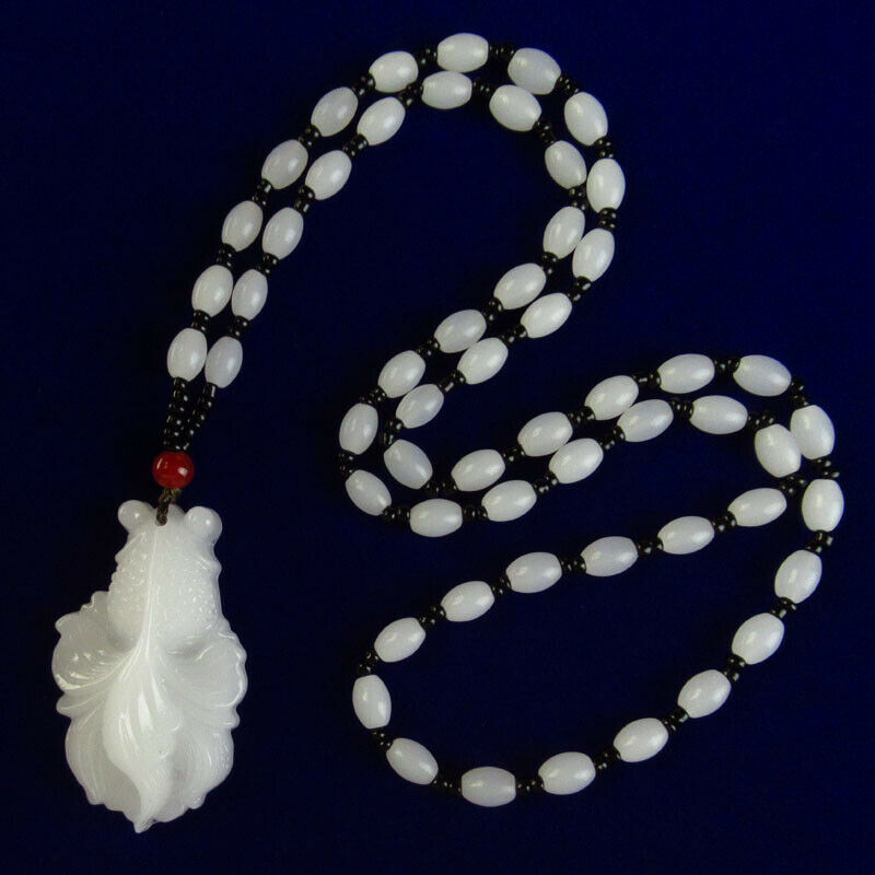 Carved White Jade Goldfish & Drum Pendant Necklace 19 inch 52x32x13mm A-6JY