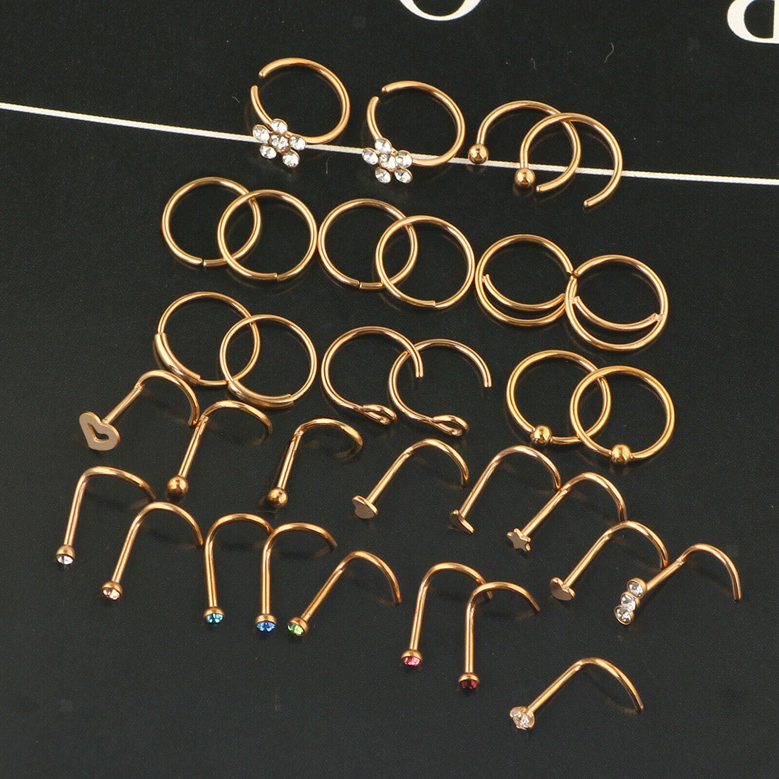 32x Stainless Steel 20G Nose Rings Hoop L-Shaped Studs Piercing Jewelry Set