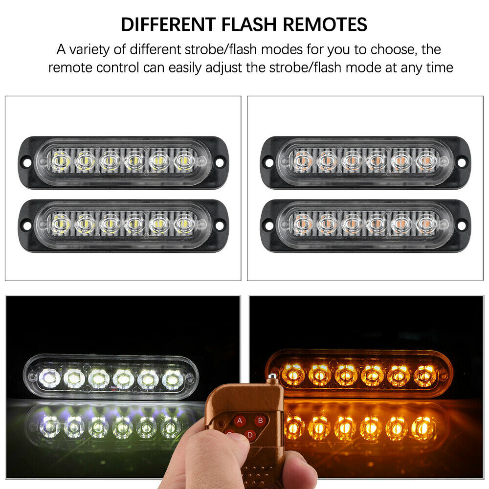 4x 6LED Car Truck Emergency Lamps Hazard Flash Strobe Warning Lights Amber/White