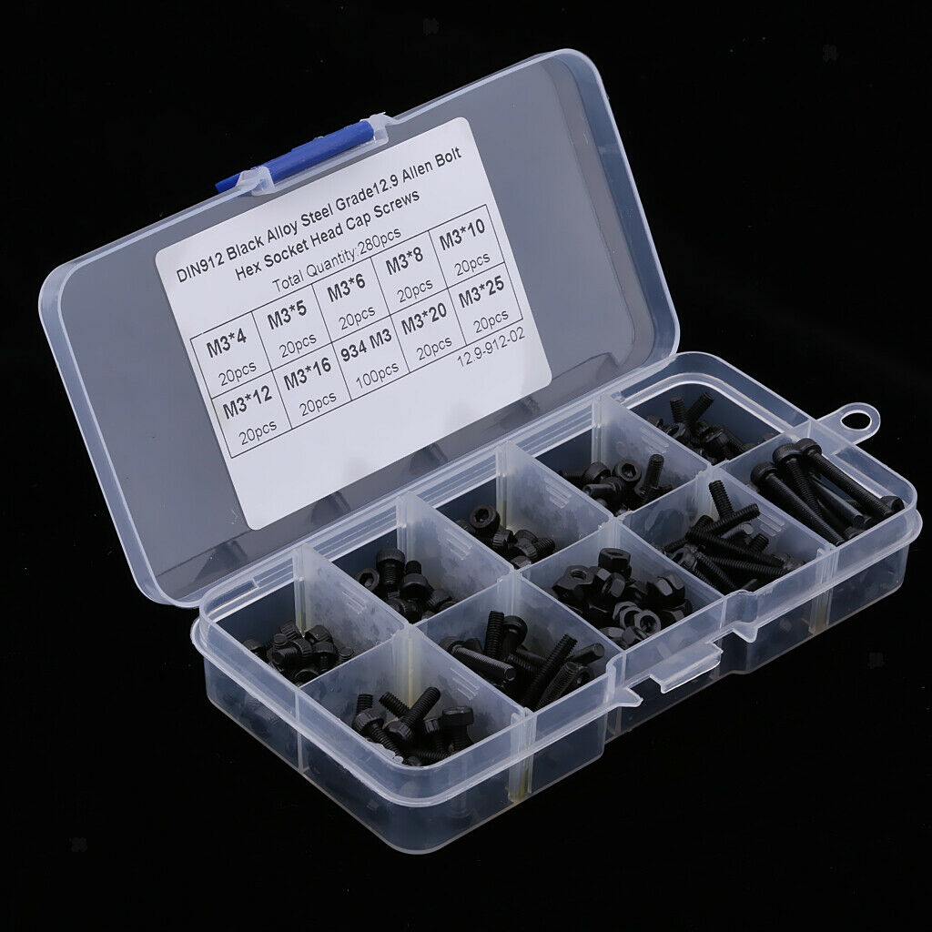 280 Pcs M3 Screws 4mm-25mm Hex Socket Kit Set Jig Caps