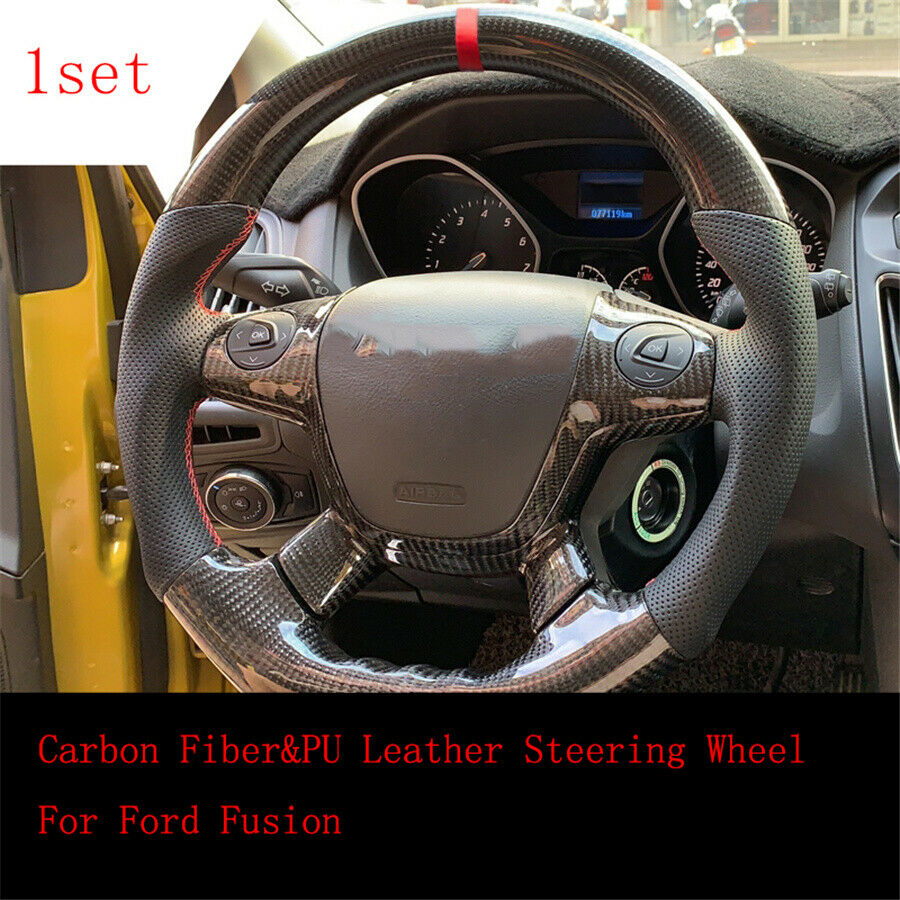 Carbon Fiber & PU Leather Steering Wheel Hand Sewing Wrap Cover For Ford Fusion