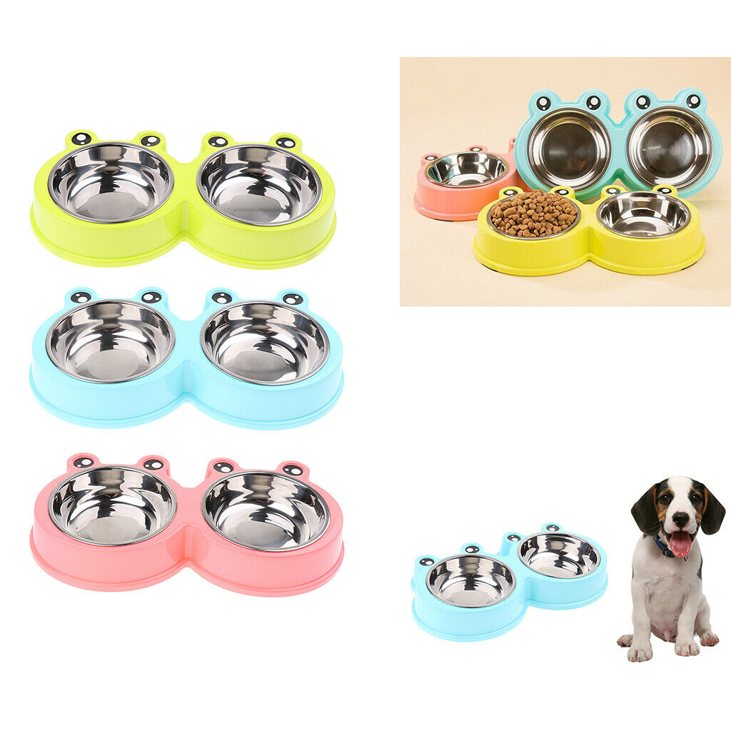 Frog Shape Dog Feeder Double Food Bowls Water Dish  Pink