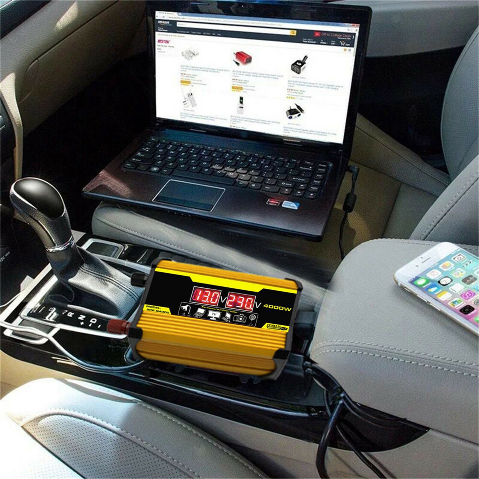 Power Inverter with Dual USB and Lighter Outdoor Power Supply Yellow 110V D
