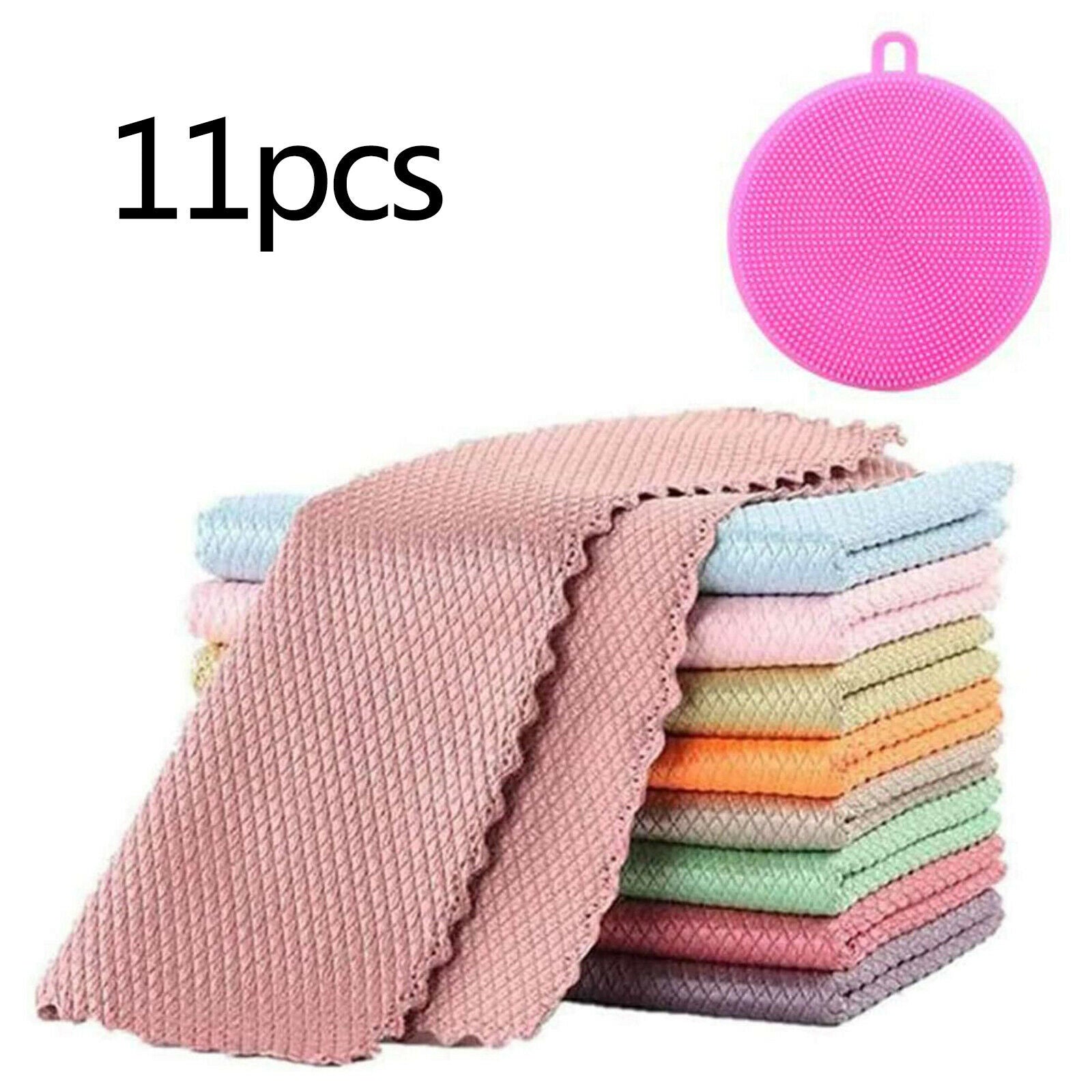 11 Pieces Fish Scale Cloths, Super Absorbent Kitchen Cleaning Rags with Brush