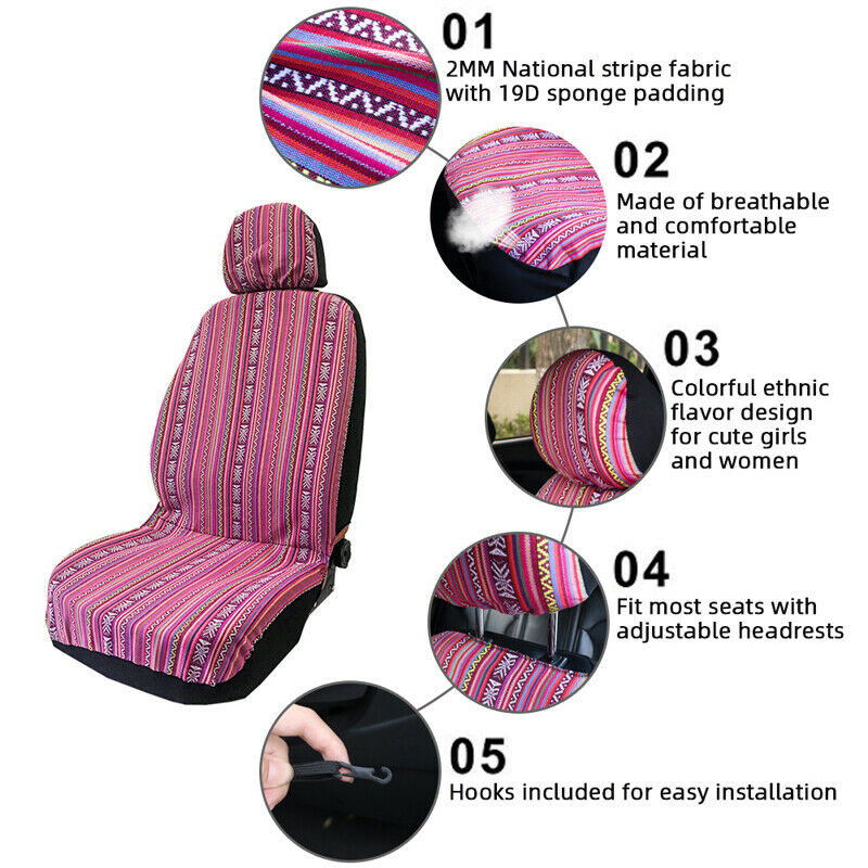 4Pcs/Set Car Truck Front Seat Cover + Headrest Cover Kit Universal Ethnic Fabric