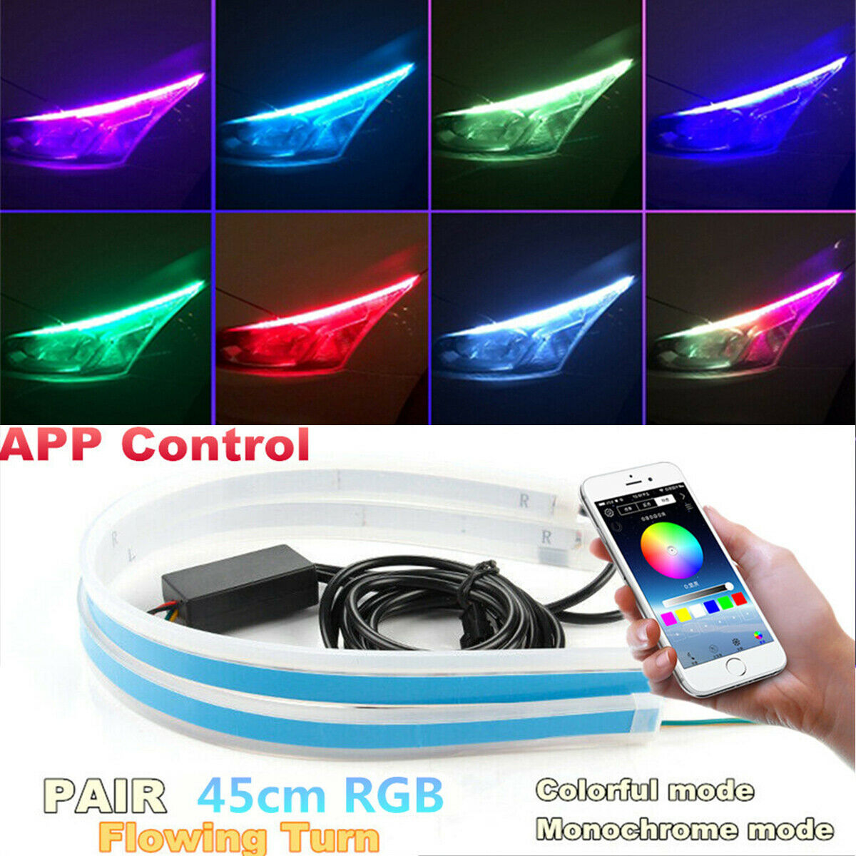 2 Pcs 17.7 Inch Flexible LED Headlight Surface Strip Tube Light Adjustable Color