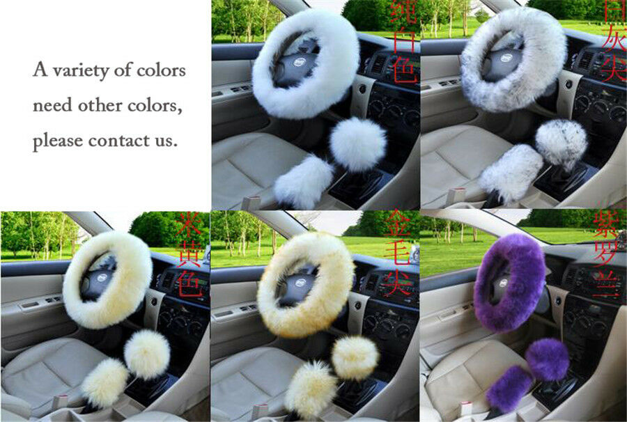 3Pcs/Set Fur Car Steering Wheel Cover Red Wine Color Wool Furry Winter Essential