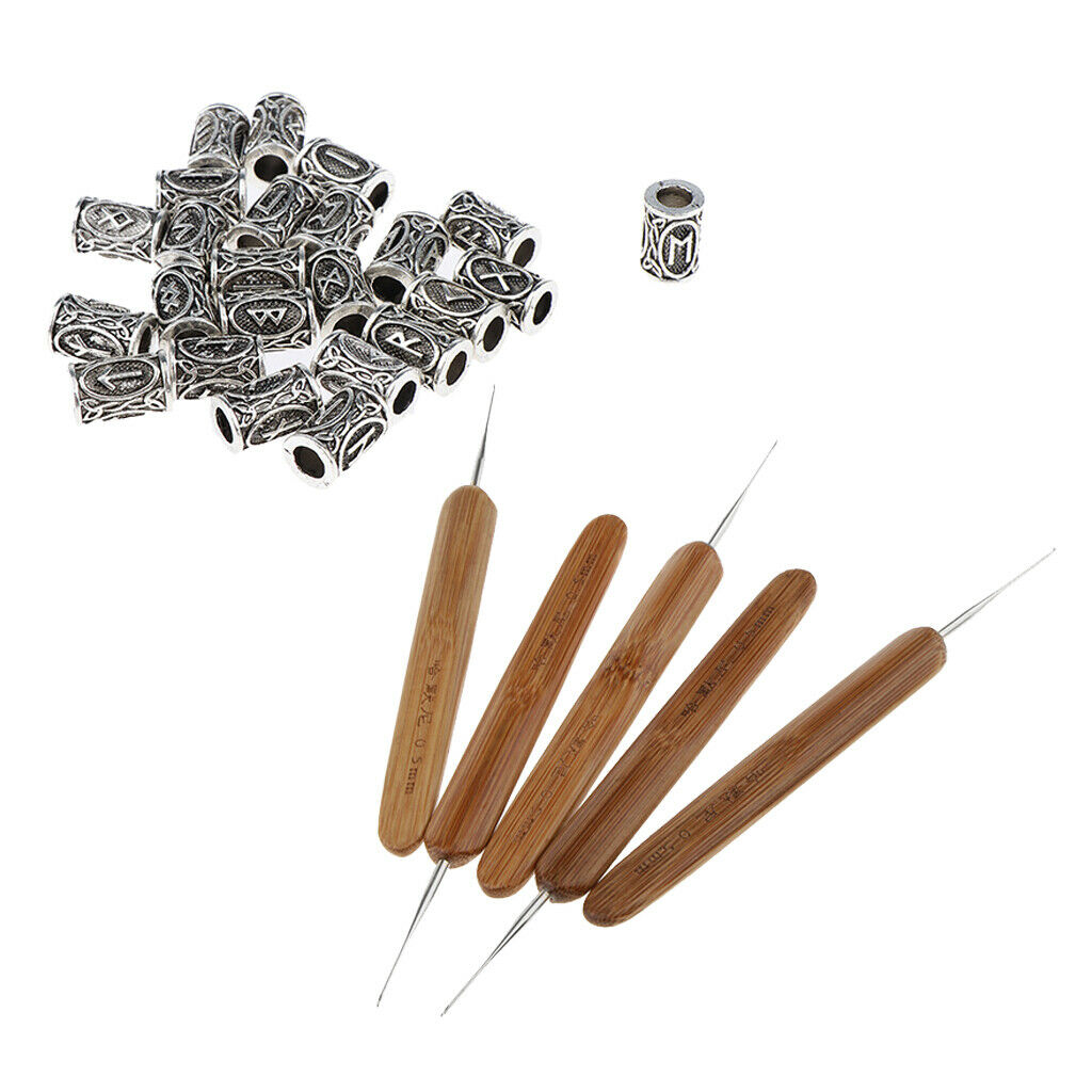 5x Hair Weaving Crochet Hook Needle Braid Craft 0.5mm + 24x Dreadlock Beads