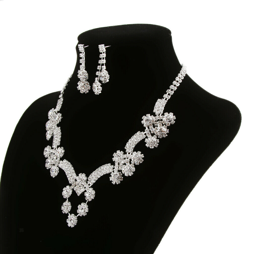 Wedding Bride Crystal Rhinestone Pendant Necklace Earring Jewelry Set