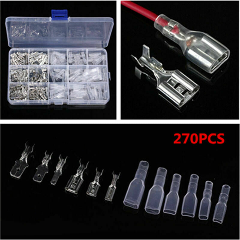 270Pcs Male & Female Spade Connector Wire Crimp Terminal Block 2.8mm 4.8mm 6.3mm