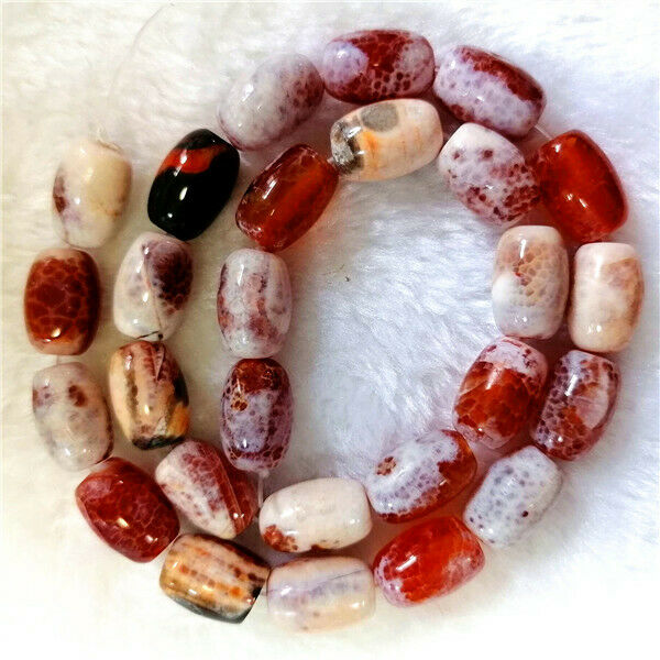 1 Strand 14x10mm White&Red Dragon Veins Agate Barrel Loose Beads 15.5inch HH745