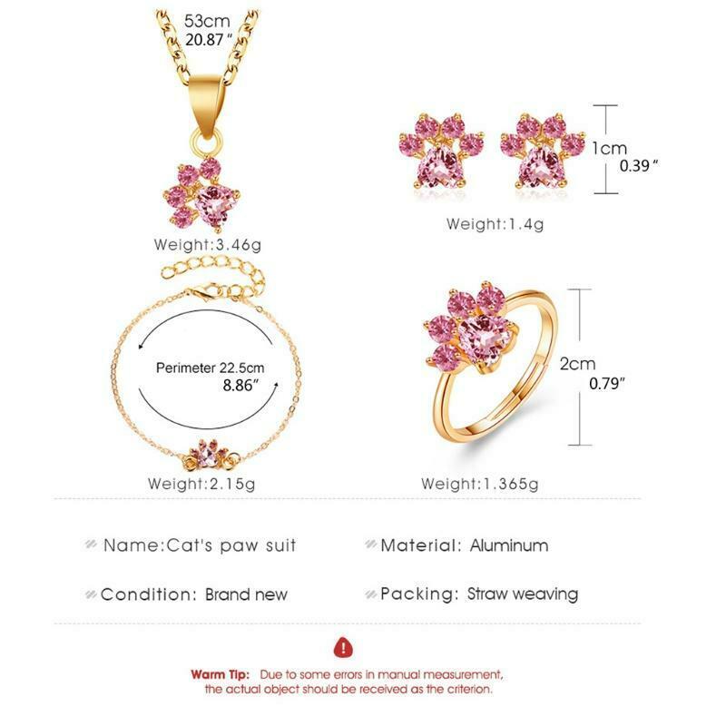 Pink Crystals Cat Paw Earrings Rings Pendant Bracelet Adjustable Pet Cat Jewerly