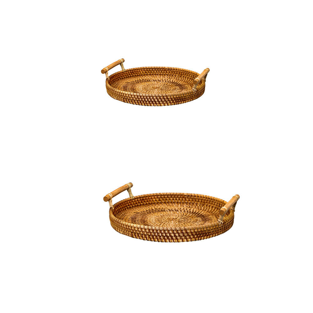 Round Rattan Serving Tray Wicker Bread Baskets Food Serving Tray 22cm + 24cm
