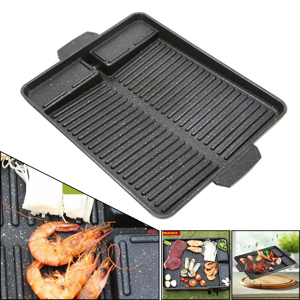 Aluminum BBQ Grill Pan Griddle Plate Non-Stick w/ Handle Square Korean Black