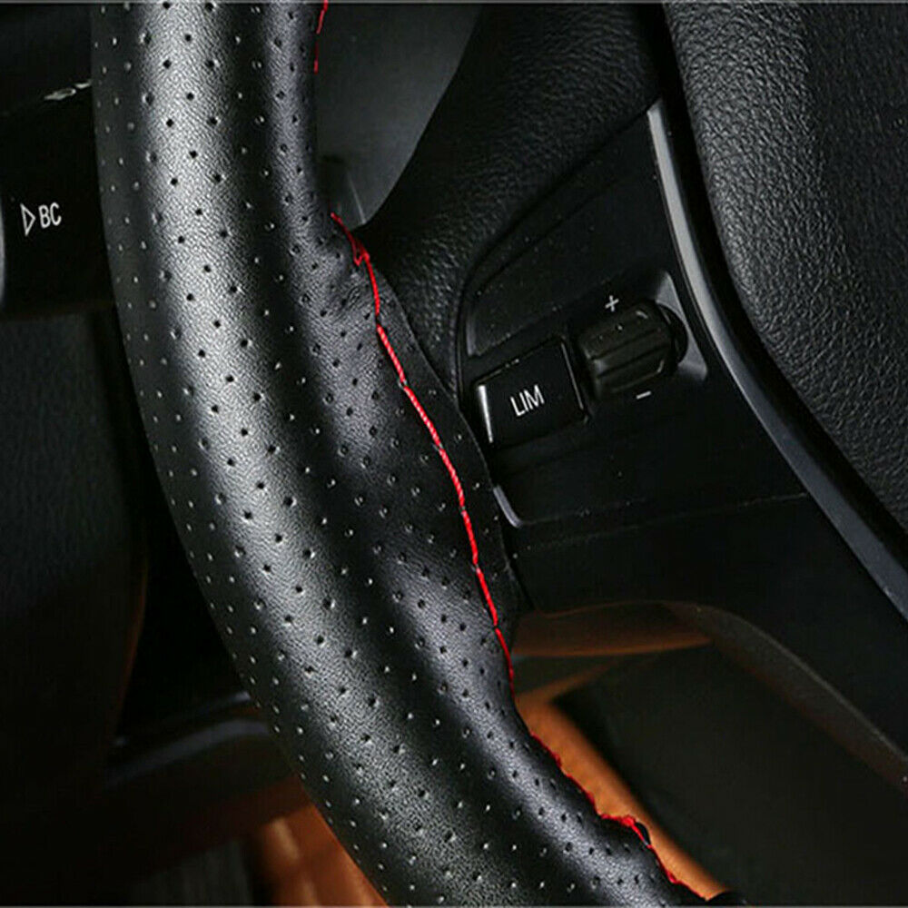 38cm DIY Hand Sewing Car Steering Wheel Cover Premium Leather Black & Red Line