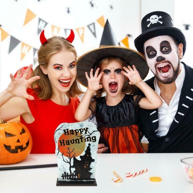 Happy Haunting Tombstone Wooden Sign Halloween Table Topper Decoration Ornament