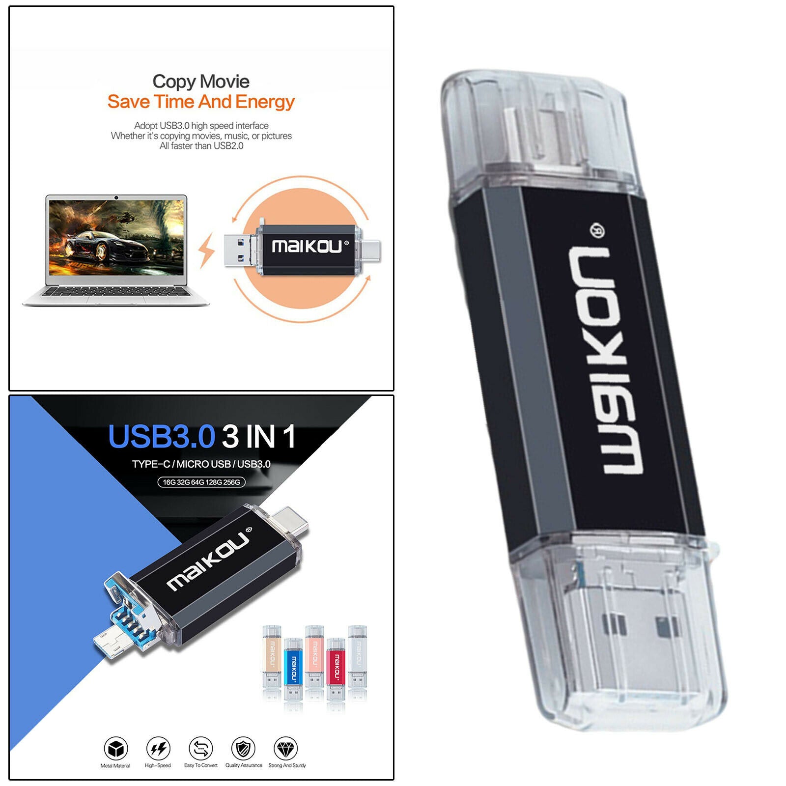 Portable 3-in-1 64G USB 3.0 Flash Drive Type-C&Micro USB Memory Stick Black