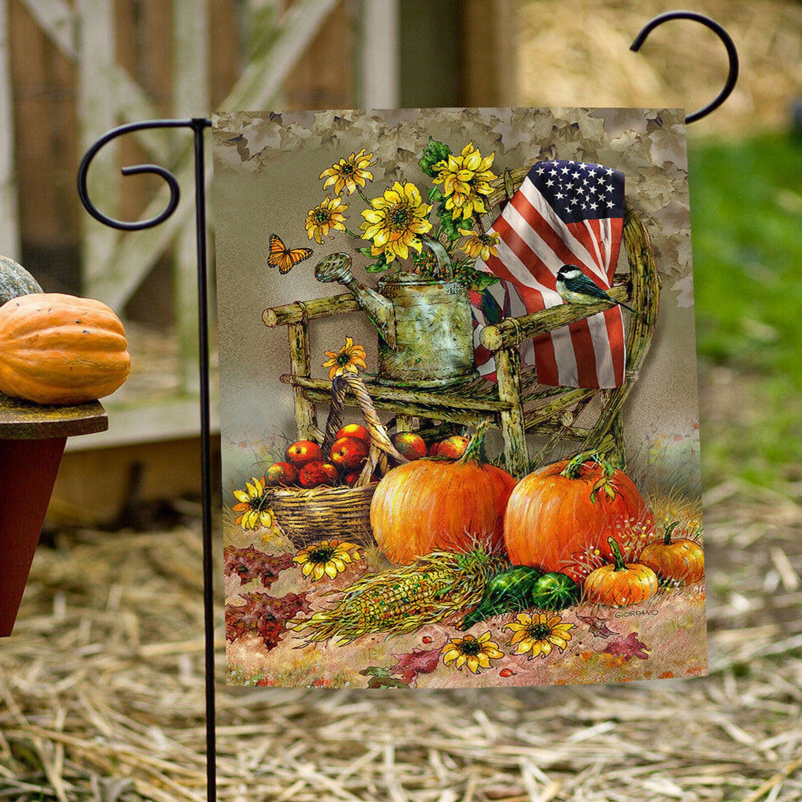 Toland Autumn Chair 12.5 x 18 Patriotic Fall Harvest Pumpkin Garden Flag
