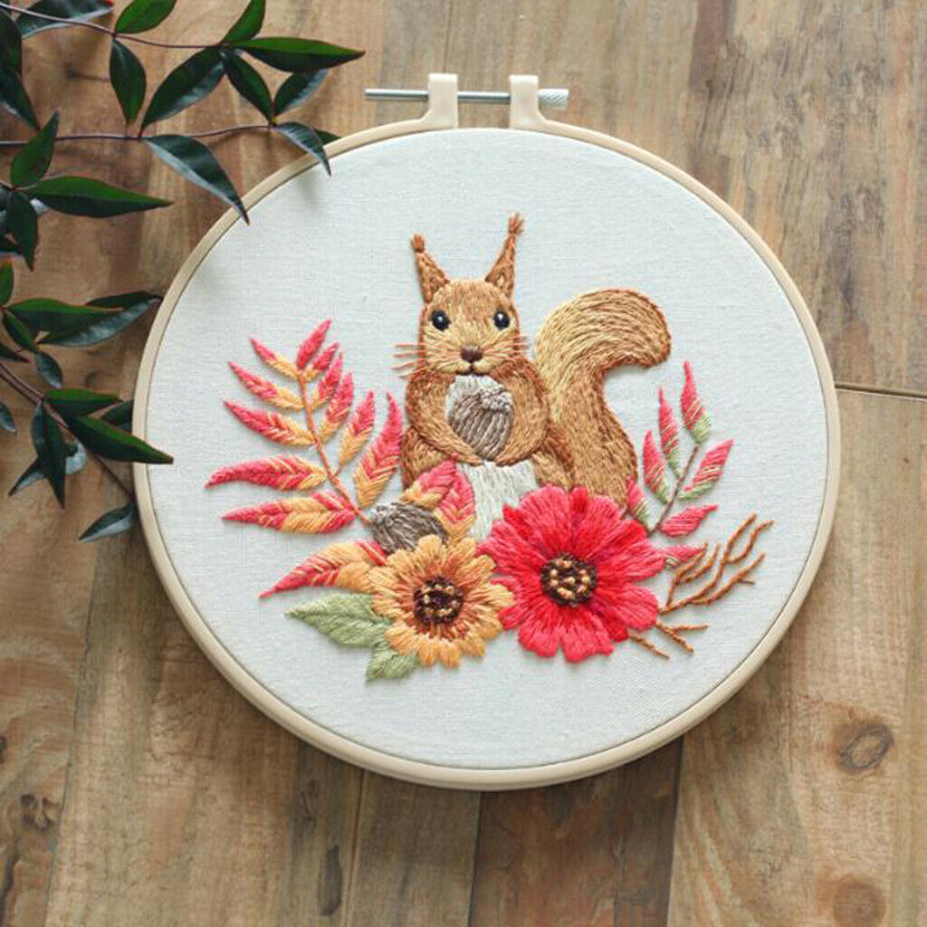 Floral Squirrel Embroidery Kit Stamped Full Set of Cross Stitch Needles Kits