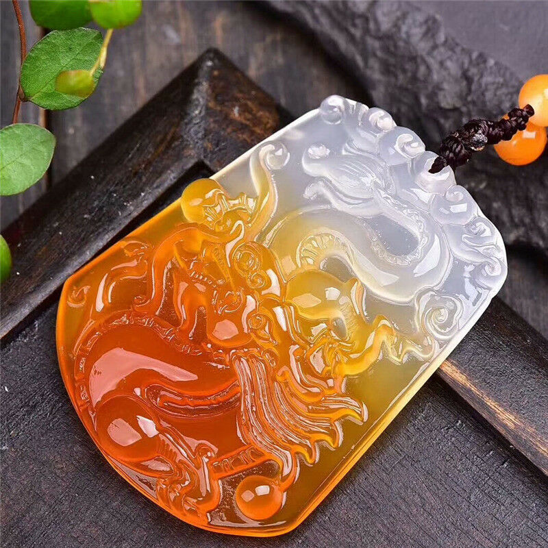 Beautiful Natural White/Yellow Agate Chalcedony Hand-Carved Fly Dragon Pendant