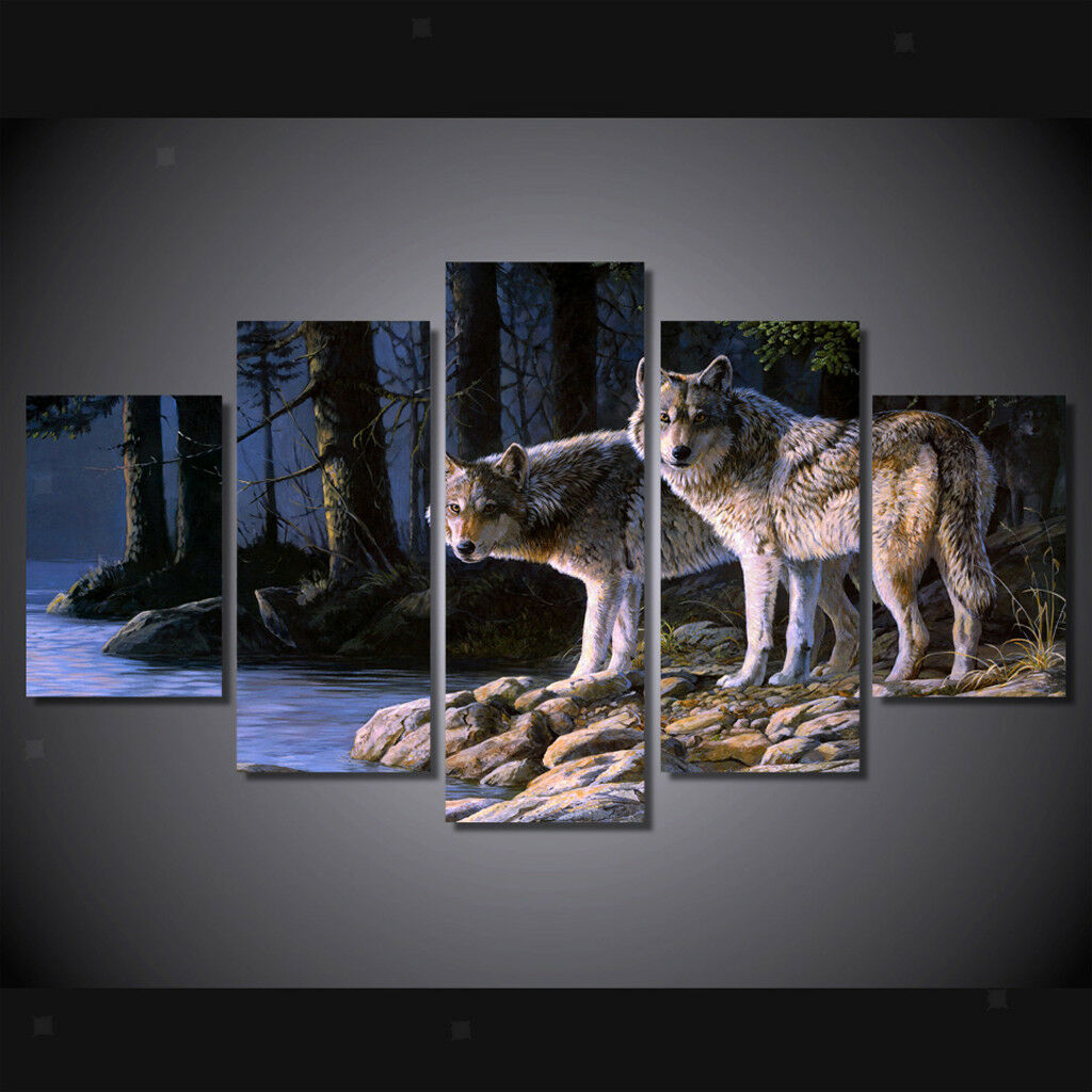 5 Panels Large Canvas Pictures Wall Art Prints Hanging Poster Wolf Couples S