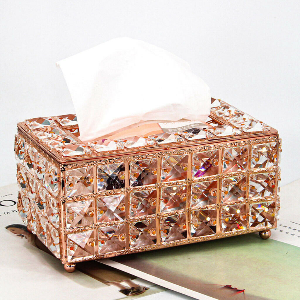 Rectangular Crystal Facial Tissue Box Cover Metal Holder for Desk Table Rose