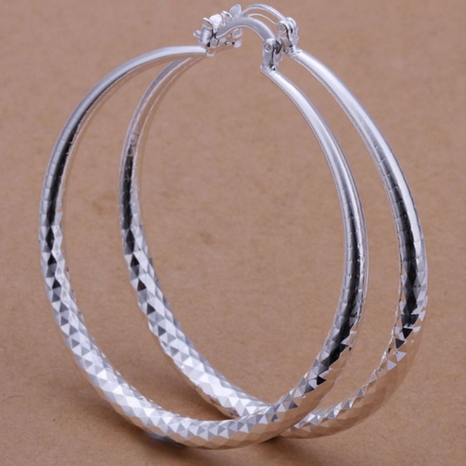 Womens 925 platedSilver 2â€ Large Round Diamond-Cut Hoop Earrings 50mm E18