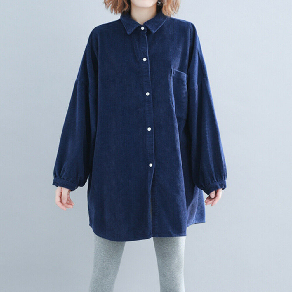 Womens Lady Corduroy Long Sleeve Shirt Oversized Loose Longline Cord Blouse Top