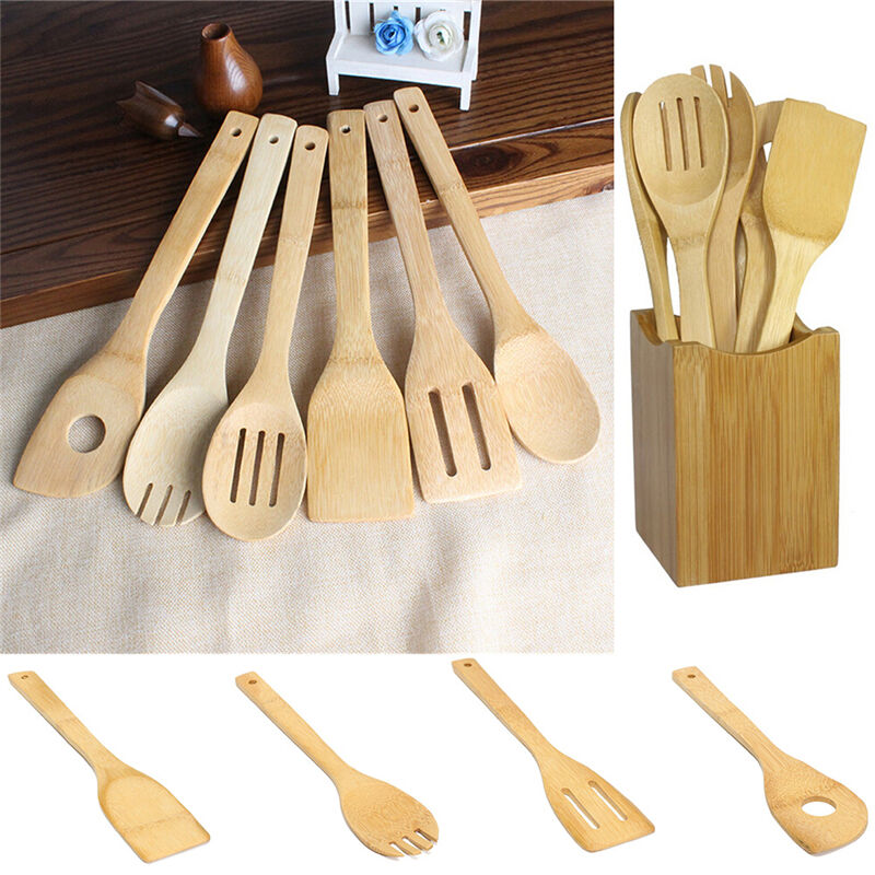 6x/Set Bamboo Utensil Kitchen Wooden Cooking Tools Spoon Spatula Mixing .DD
