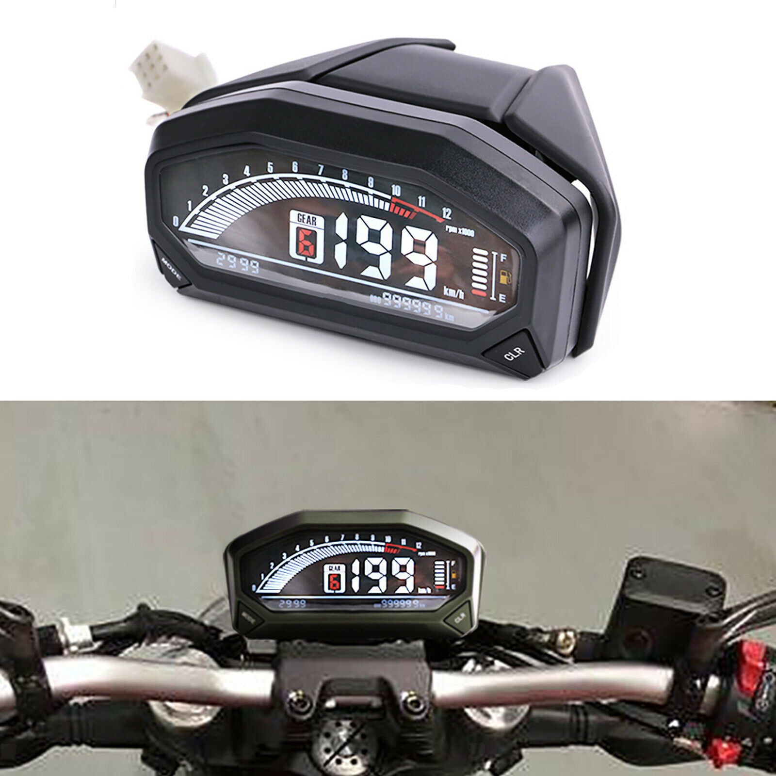 Motorcycle LCD Speedometer Digital Odometer 199km/h 1200 rpm 6 Gears Gauge