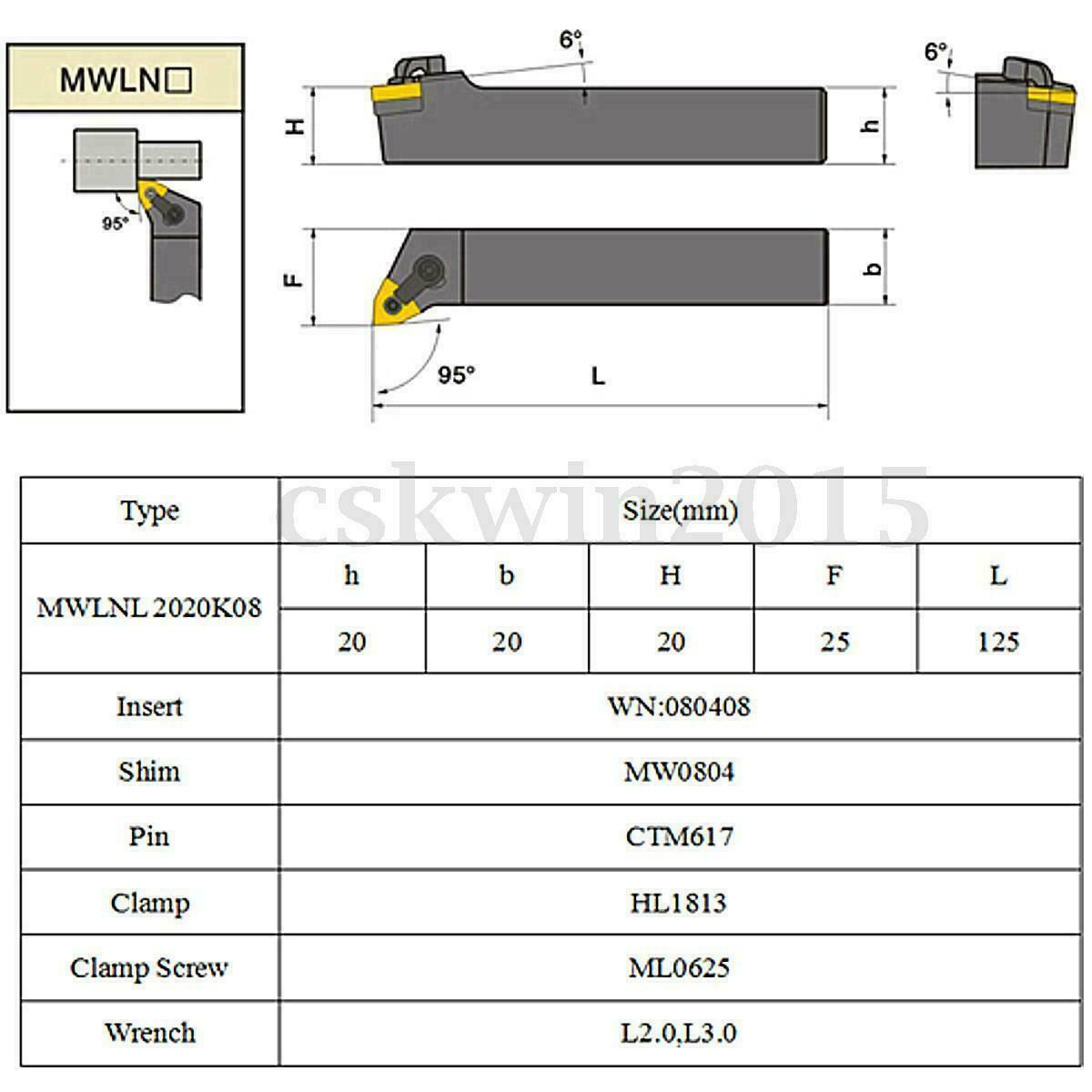 MWLNL2020K08 + MWLNR 2020K08 CNC External Lathe Turning Tool Holder for WNMG0804