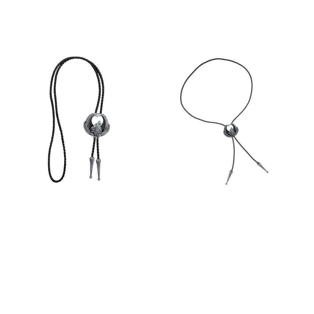 2 Pieces Retro Howling Wolf Bolo Tie Western Cowboy Leather Bola Necktie for Men