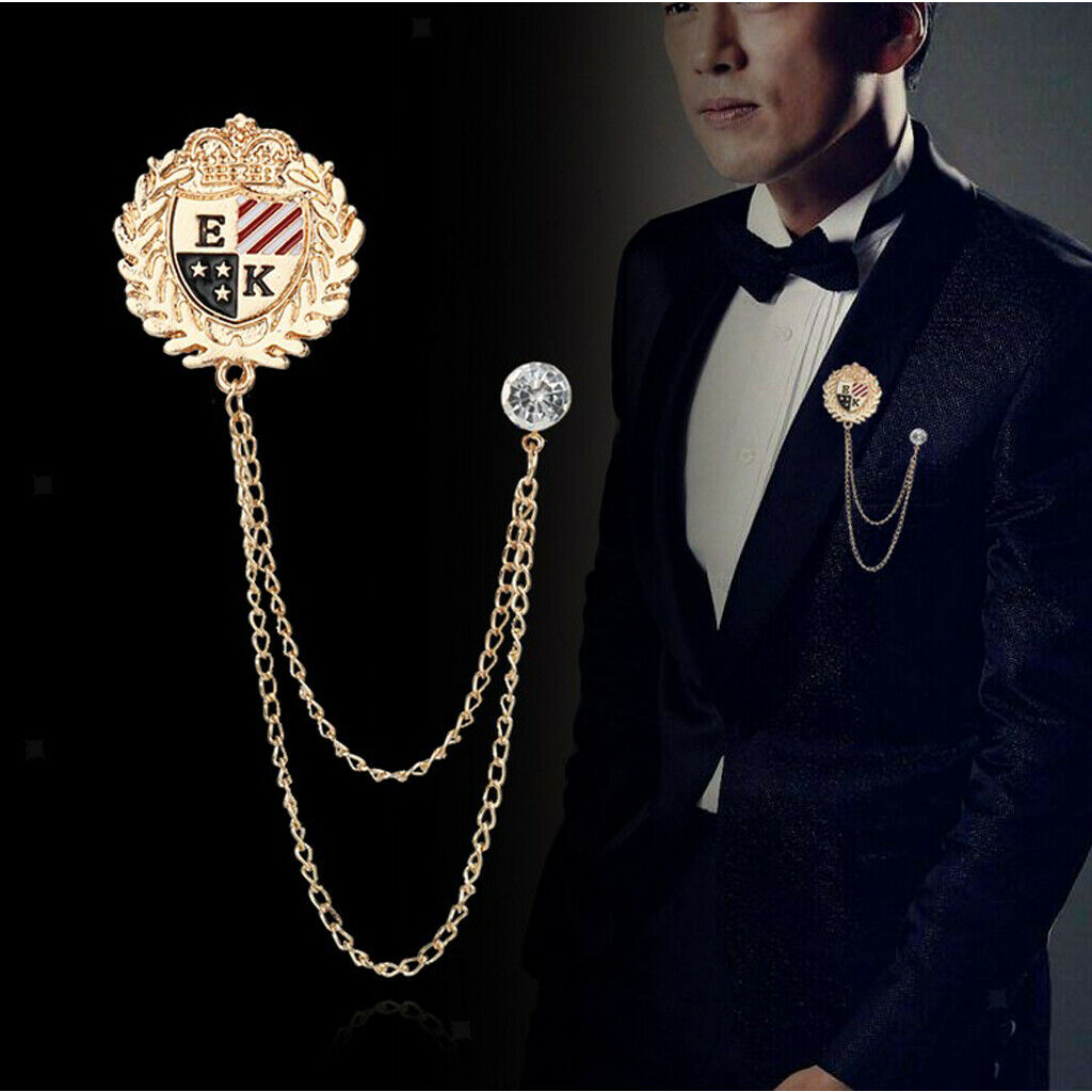 2 Pcs Crystal Shield Brooch w/ Tassel Chain Wedding Prom Label Pin Jewelry