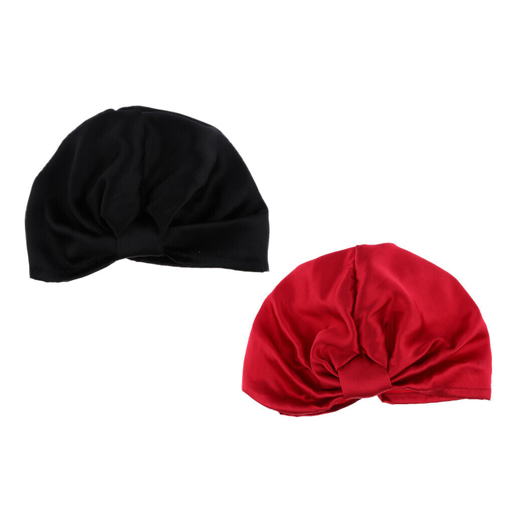 2Pcs Silky Pure Silk Elastic Breathable Knotted Sleep Hat Headwear Beanie
