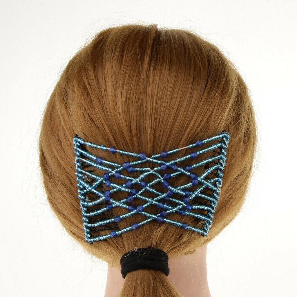 Women's Double Hair Comb Clips Magic Beads Stretchy Hair Styling Tools Blue