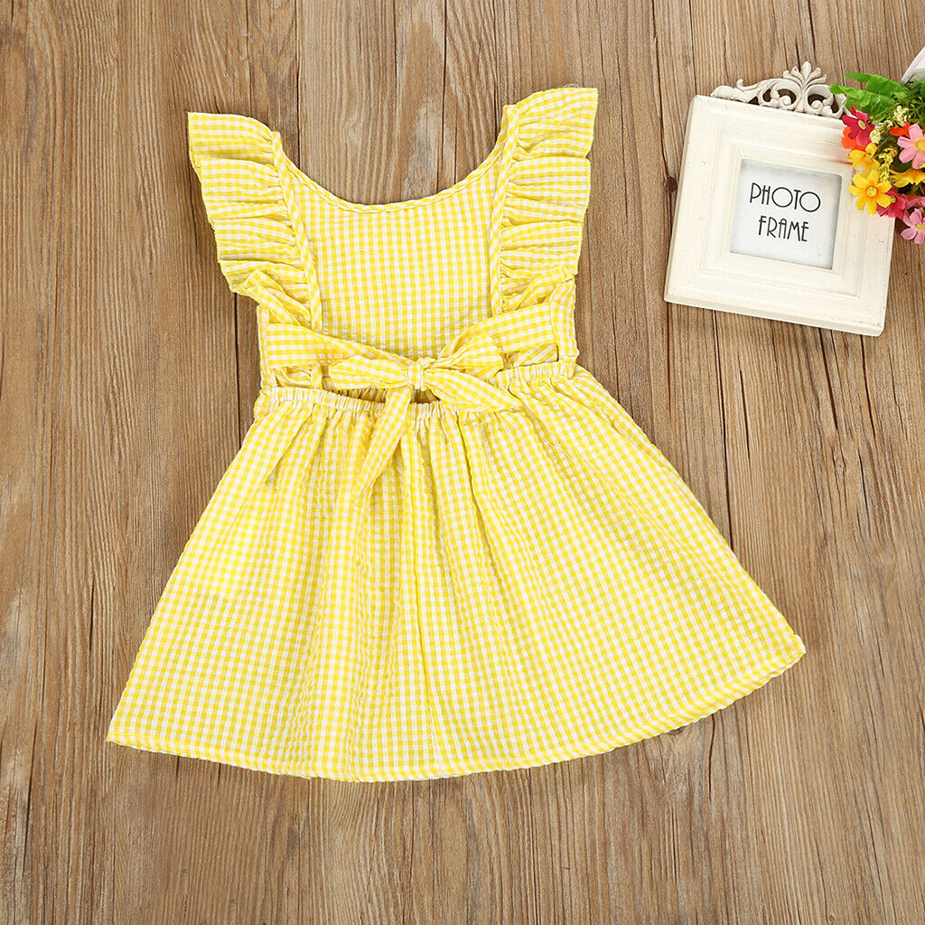 Little Baby Girl Plaid Ruffles Summer Dress Kids Girl Backless Dresses 2T Yellow