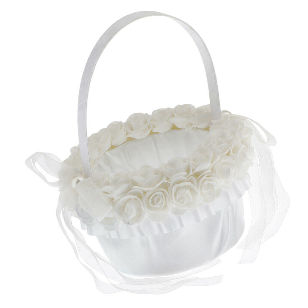 Wedding Satin Flower Basket Romantic Bowknot Cloth Rose Flower Girl Basket