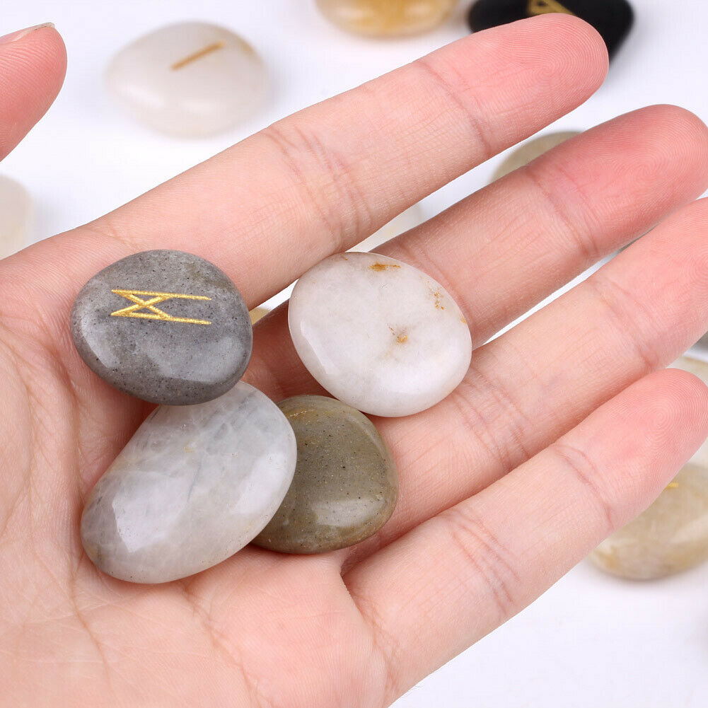 25pcs/SET Natural Cobblestone Rune Engraved Set Healing Reiki Tumble Stones