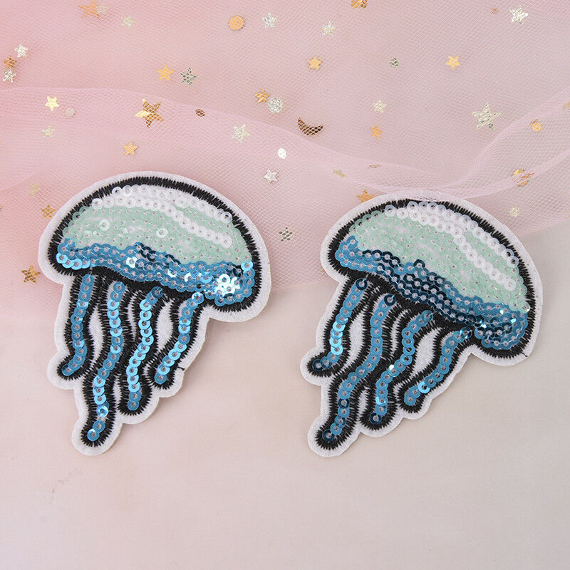 2Xsequin jellyfish embroidered ironon sew patch badge motif bag dress appl.l8