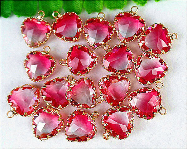 50Pcs 16x13x6mm Faceted Wrapped Pink Titanium Crystal Heart Pendant Bead HH813