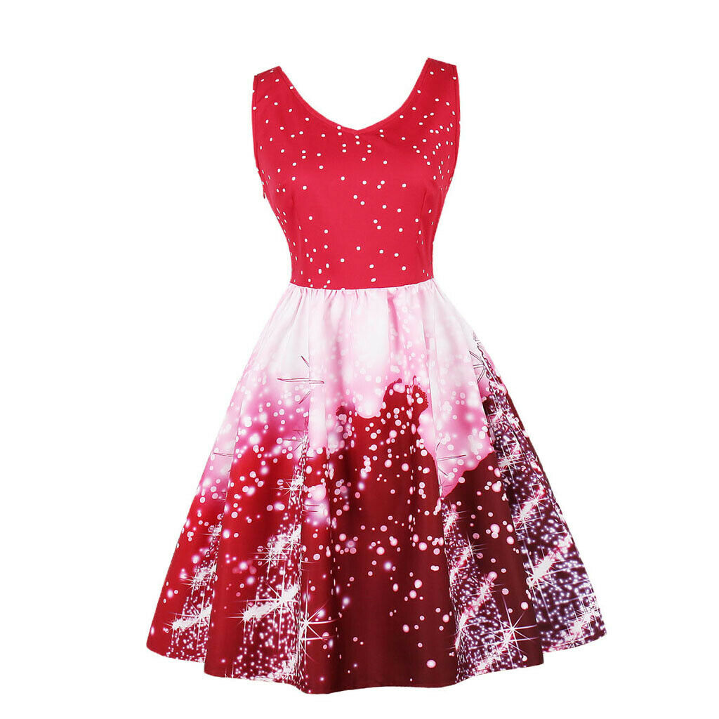 Women Christmas Party Polka Dots Snowflake V-neck Swing Dress M Red
