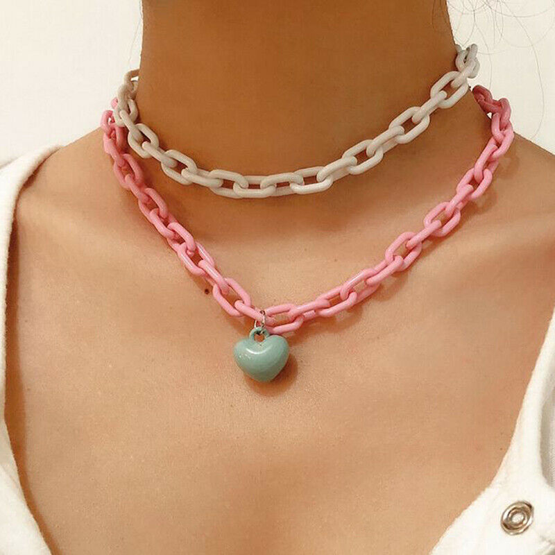 2Pcs/set Multilayer Heart Pendant Acrylic Necklace Clavicle Choker Women .l8